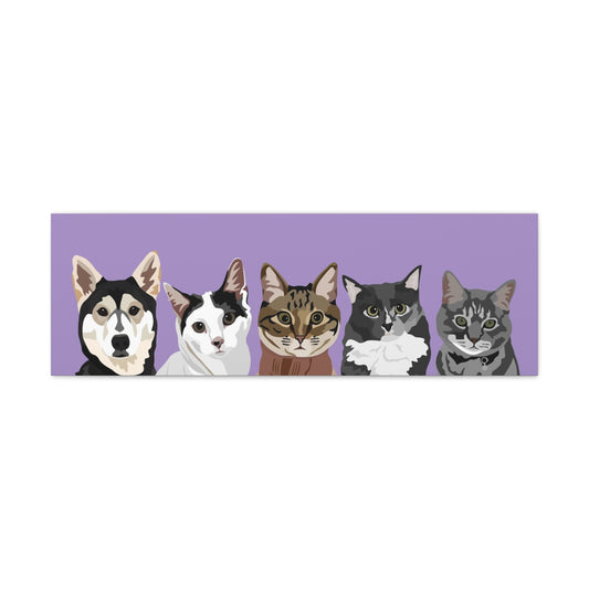 Five Pets Portrait on Canvas - 12"x36" Horizontal | Lavender Purple Background | Custom Hand-Drawn Pet Portrait in Cartoon-Realism Style