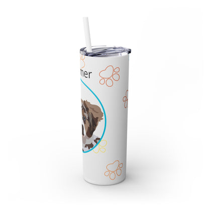 One Pet | White with Blue Circle Frame and Colorful Paw Print Outlines | Skinny Tumbler with Straw, 20oz with Personalized Name