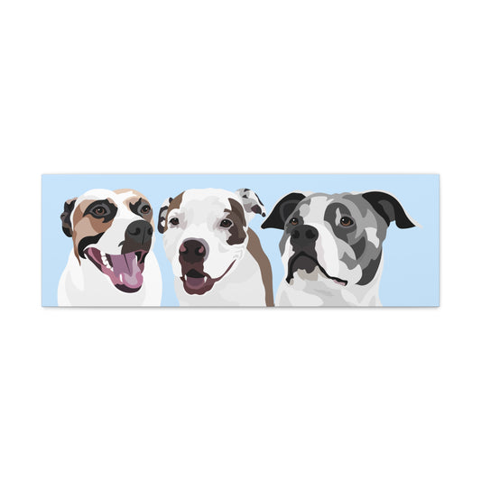 Three Pets Portrait on Canvas -  12"x36" Horizontal | Light Blue Background | Custom Hand-Drawn Pet Portrait in Cartoon-Realism Style