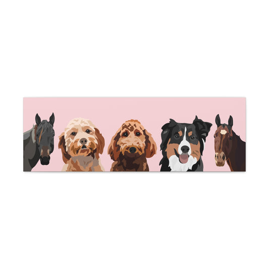 Five Pets Portrait on Canvas - 12"x36" Horizontal | Light Pink Background | Custom Hand-Drawn Pet Portrait in Cartoon-Realism Style