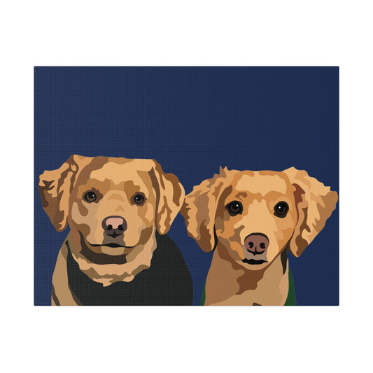 Two Pet Portrait on Canvas | Navy Blue Background | Custom Hand-Drawn Pet Portrait in Cartoon-Realism Style