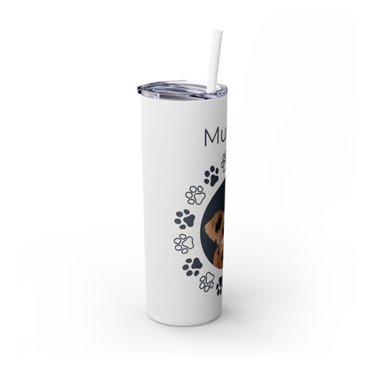 One Pet | White with Gray Circle Frame and Paw Prints | Skinny Tumbler with Straw, 20oz with Personalized Name