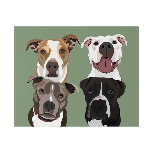Four Pet Portrait on Canvas - Stacked Design | Sage Green Background | Custom Hand-Drawn Pet Portrait in Cartoon-Realism Style
