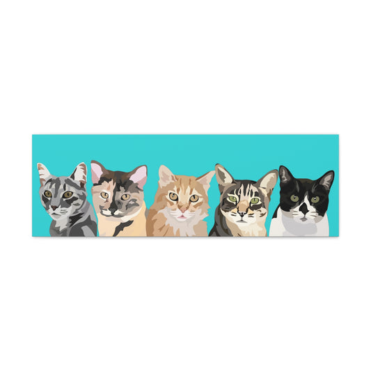 Five Pets Portrait on Canvas - 12"x36" Horizontal | Teal Background | Custom Hand-Drawn Pet Portrait in Cartoon-Realism Style