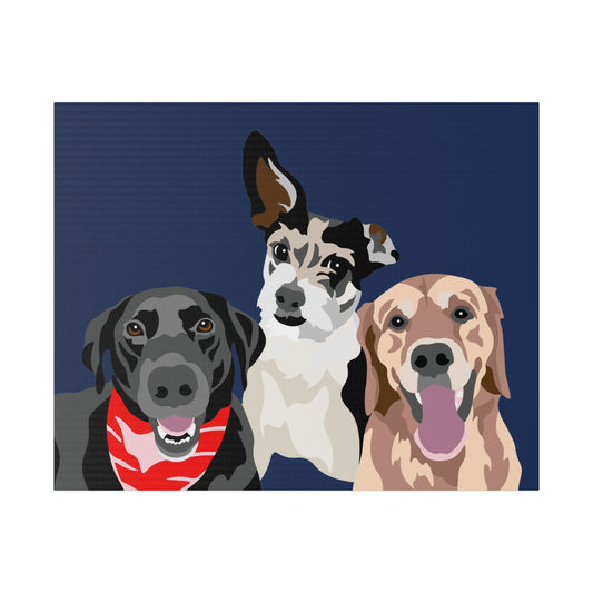 Three Pet Portrait on Canvas - Stacked Design | Navy Blue Background | Custom Hand-Drawn Pet Portrait in Cartoon-Realism Style