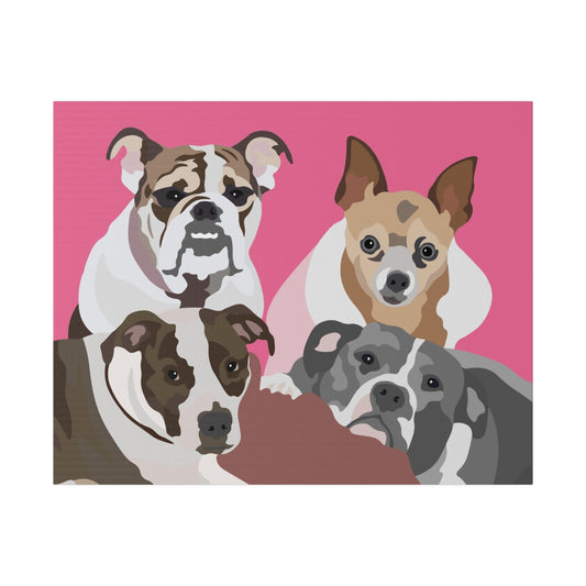 Four Pet Portrait on Canvas - Stacked Design | Hot Pink Background | Custom Hand-Drawn Pet Portrait in Cartoon-Realism Style
