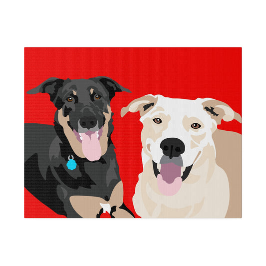 Two Pet Portrait on Canvas | Red Background | Custom Hand-Drawn Pet Portrait in Cartoon-Realism Style