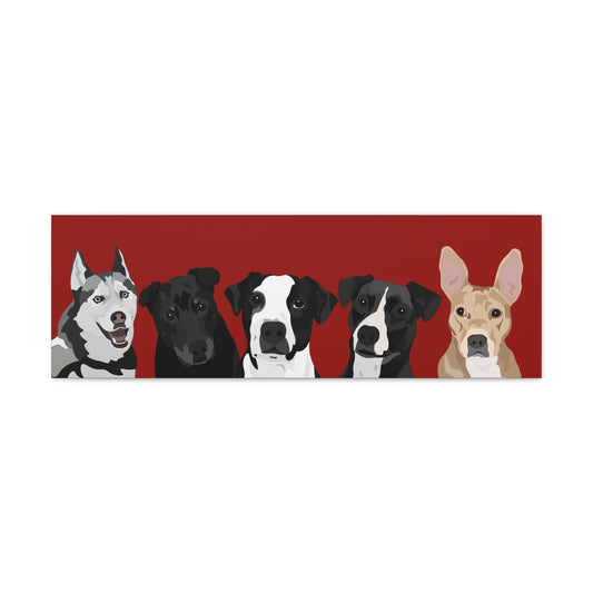 Five Pets Portrait on Canvas - 12"x36" Horizontal | Brick Red Background | Custom Hand-Drawn Pet Portrait in Cartoon-Realism Style