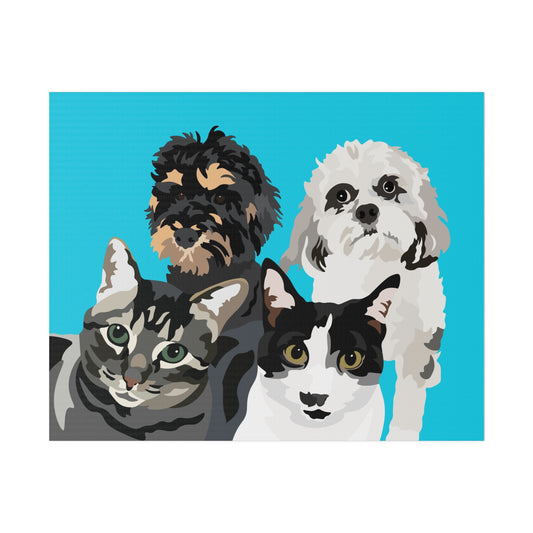 Four Pet Portrait on Canvas - Stacked Design | Caribbean Blue Background | Custom Hand-Drawn Pet Portrait in Cartoon-Realism Style