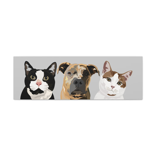 Three Pets Portrait on Canvas - 12"x36" Horizontal | Light Grey Background | Custom Hand-Drawn Pet Portrait in Cartoon-Realism Style