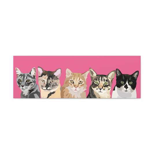 Five Pets Portrait on Canvas - 12"x36" Horizontal | Hot Pink Background | Custom Hand-Drawn Pet Portrait in Cartoon-Realism Style