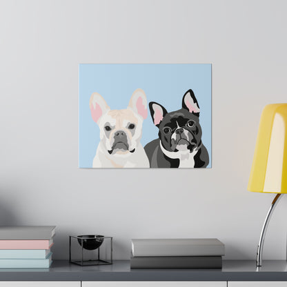 Two Pet Portrait on Canvas | Light Blue Background | Custom Hand-Drawn Pet Portrait in Cartoon-Realism Style