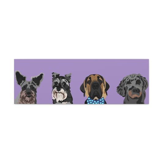 Four Pets Portrait on Canvas - 12"x36" Horizontal | Lavender Purple Background | Custom Hand-Drawn Pet Portrait in Cartoon-Realism Style