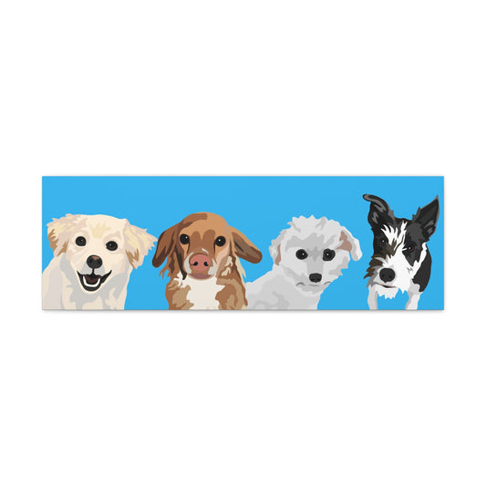 Four Pets Portrait on Canvas - 12"x36" Horizontal | Caribbean Blue Background | Custom Hand-Drawn Pet Portrait in Cartoon-Realism Style