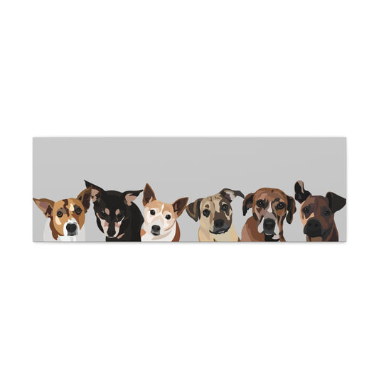 Six Pets Portrait on Canvas - 12"x36" Horizontal | Light Grey Background | Custom Hand-Drawn Pet Portrait in Cartoon-Realism Style