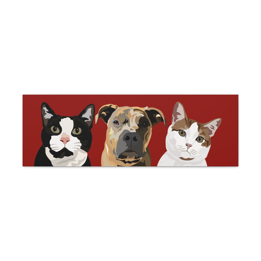 Three Pets Portrait on Canvas - 12"x36" Horizontal | Brick Red Background | Custom Hand-Drawn Pet Portrait in Cartoon-Realism Style