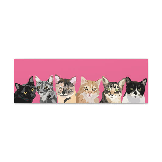 Six Pets Portrait on Canvas - 12"x36" Horizontal | Hot Pink Background | Custom Hand-Drawn Pet Portrait in Cartoon-Realism Style