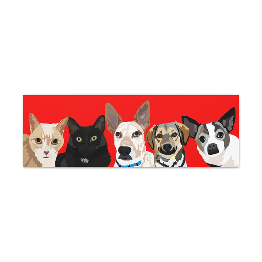 Five Pets Portrait on Canvas - 12"x36" Horizontal | Red Background | Custom Hand-Drawn Pet Portrait in Cartoon-Realism Style