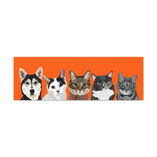 Five Pets Portrait on Canvas - 12"x36" Horizontal | Orange Background | Custom Hand-Drawn Pet Portrait in Cartoon-Realism Style