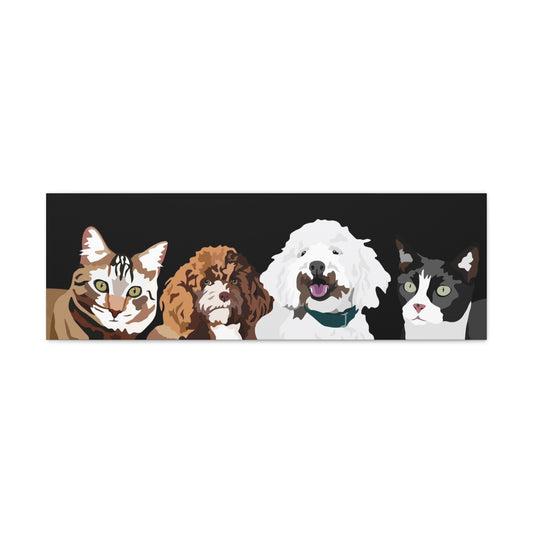 Four Pets Portrait on Canvas - 12"x36" Horizontal | Black Background | Custom Hand-Drawn Pet Portrait in Cartoon-Realism Style