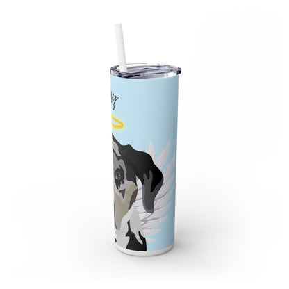 One Pet | Light Blue with Angel Wings and Halo | Skinny Tumbler with Straw, 20oz with Personalized Name