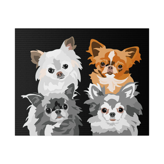 Four Pet Portrait on Canvas - Stacked Design | Black Background | Custom Hand-Drawn Pet Portrait in Cartoon-Realism Style