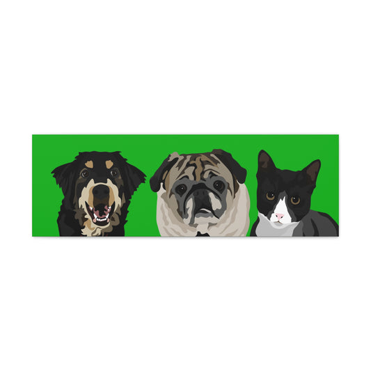 Three Pets Portrait on Canvas - 12"x36" Horizontal | Green Background | Custom Hand-Drawn Pet Portrait in Cartoon-Realism Style