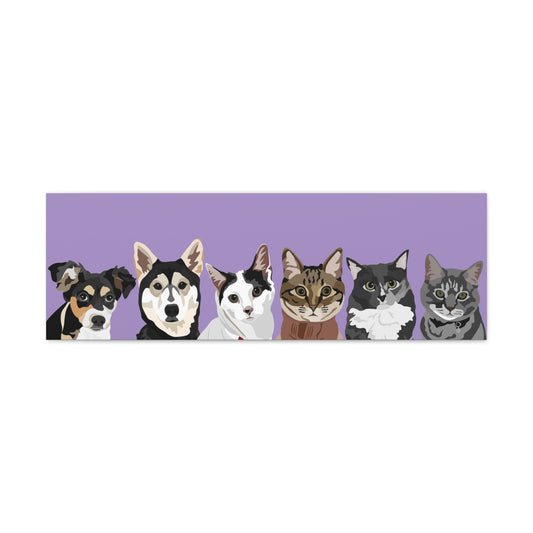 Six Pets Portrait on Canvas - 12"x36" Horizontal | Lavender Purple Background | Custom Hand-Drawn Pet Portrait in Cartoon-Realism Style