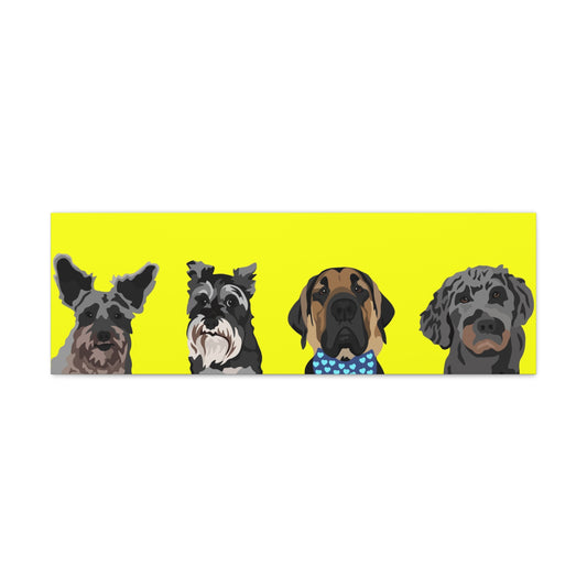 Four Pets Portrait on Canvas - 12"x36" Horizontal | Yellow Background | Custom Hand-Drawn Pet Portrait in Cartoon-Realism Style