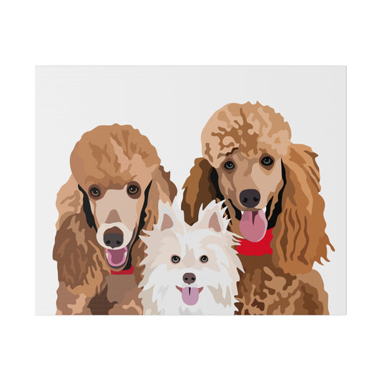 Three Pet Portrait on Canvas - Stacked Design | White Background | Custom Hand-Drawn Pet Portrait in Cartoon-Realism Style