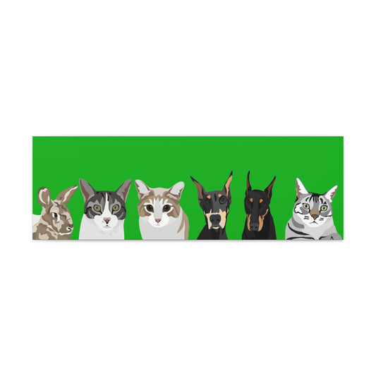 Six Pets Portrait on Canvas - 12"x36" Horizontal | Green Background | Custom Hand-Drawn Pet Portrait in Cartoon-Realism Style