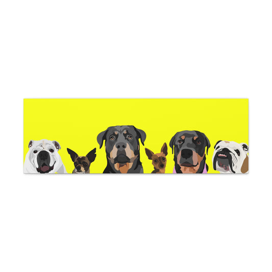 Six Pets Portrait on Canvas - 12"x36" Horizontal | Yellow Background | Custom Hand-Drawn Pet Portrait in Cartoon-Realism Style