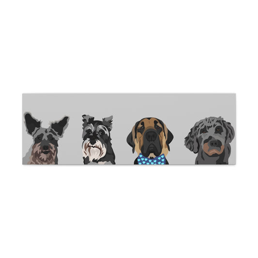 Four Pets Portrait on Canvas - 12"x36" Horizontal | Light Grey Background | Custom Hand-Drawn Pet Portrait in Cartoon-Realism Style