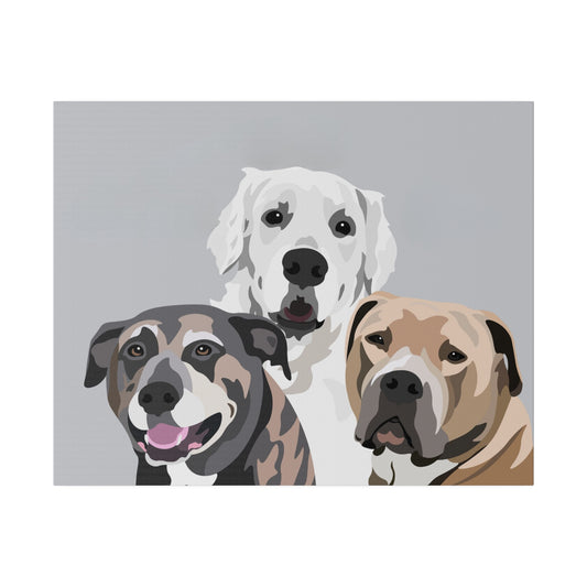 Three Pet Portrait on Canvas - Stacked Design | Light Grey Background | Custom Hand-Drawn Pet Portrait in Cartoon-Realism Style