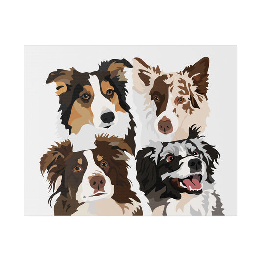 Four Pet Portrait on Canvas | White Background 16"x20" Stacked Design | Custom Hand-Drawn Pet Portrait in Cartoon-Realism Style