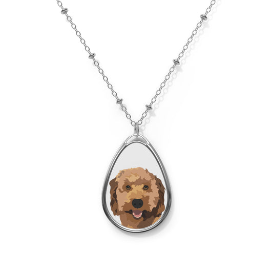 One Pet Portrait on Oval Necklace | White Background | Custom Hand-Drawn Pet Portrait in Cartoon-Realism Style