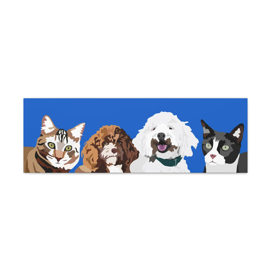 Four Pets Portrait on Canvas - 12"x36" Horizontal | Royal Blue Background | Custom Hand-Drawn Pet Portrait in Cartoon-Realism Style