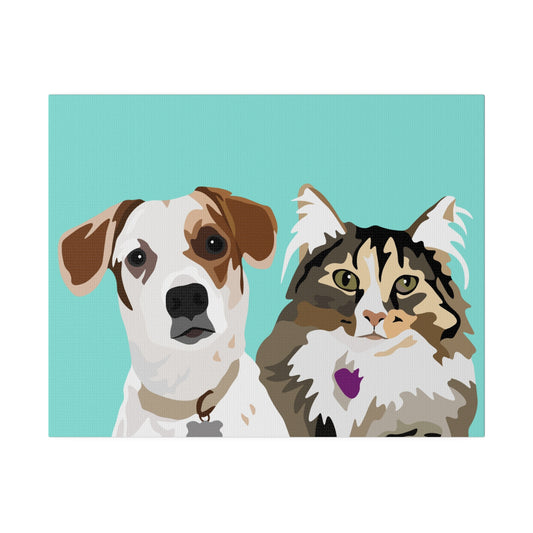 Two Pet Portrait on Canvas | Teal Background | Custom Hand-Drawn Pet Portrait in Cartoon-Realism Style