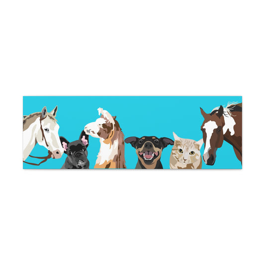 Six Pets Portrait on Canvas - 12"x36" Horizontal | Caribbean Blue Background | Custom Hand-Drawn Pet Portrait in Cartoon-Realism Style