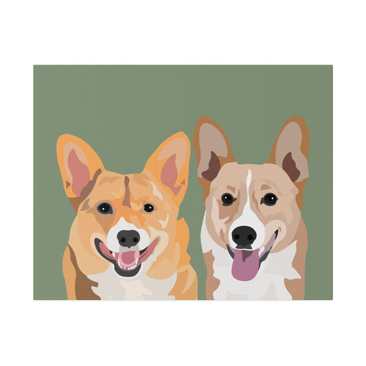 Two Pet Portrait on Canvas | Sage Green Background | Custom Hand-Drawn Pet Portrait in Cartoon-Realism Style