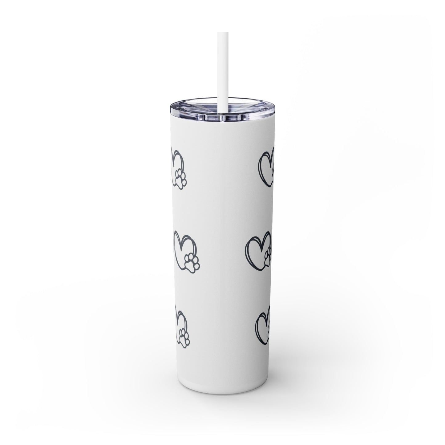 One Pet | White with Dark Grey Heart Paw Prints | Skinny Tumbler with Straw, 20oz with Personalized Name
