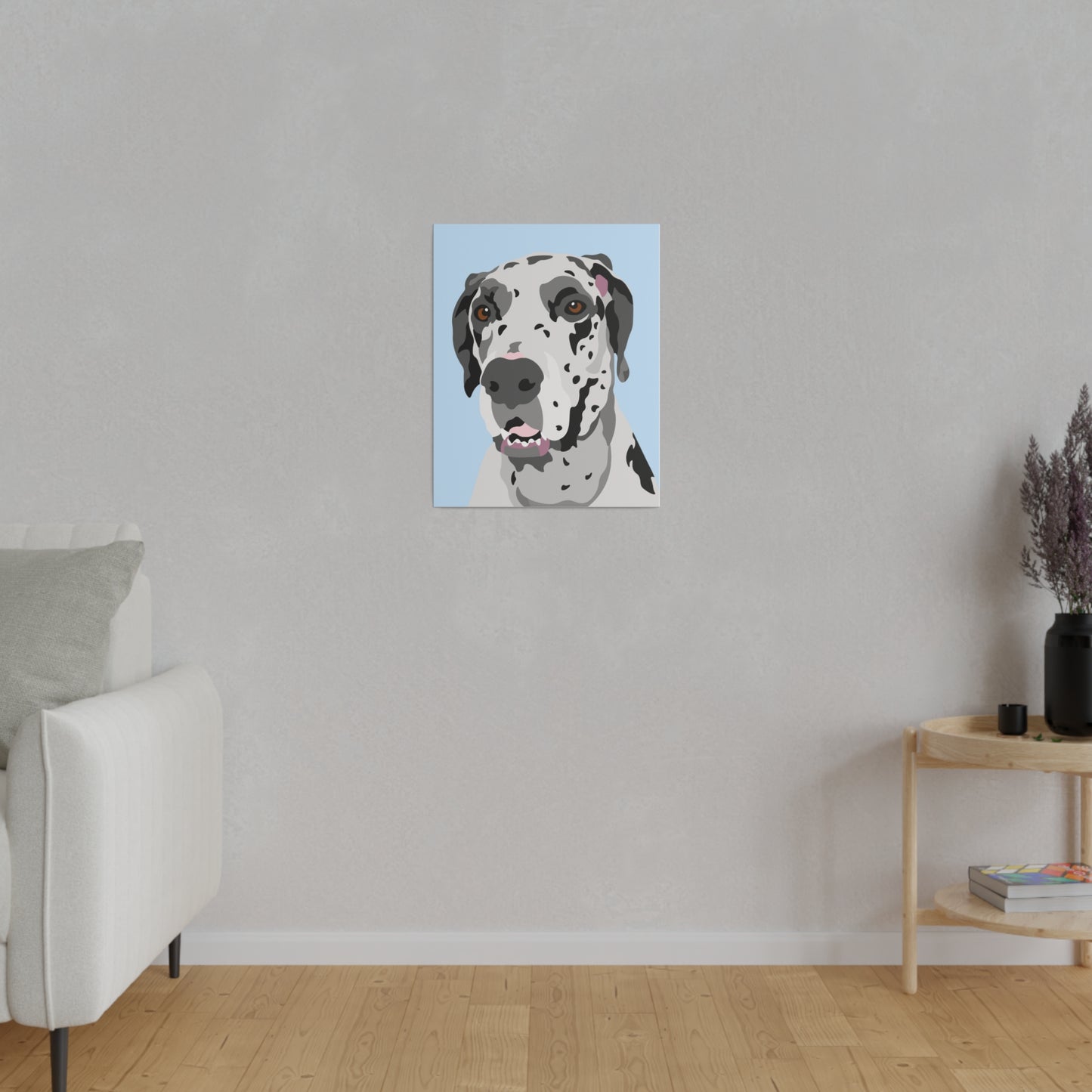 One Pet Portrait on Canvas | Light Blue Background | Custom Hand-Drawn Pet Portrait in Cartoon-Realism Style