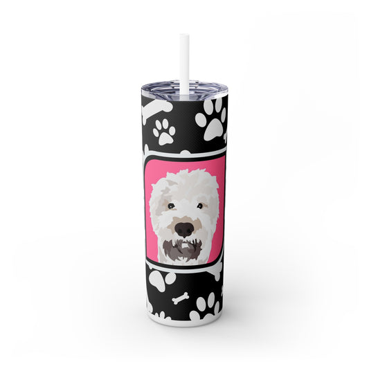One Pet | Black and White Bones and Paw Prints | Skinny Tumbler with Straw, 20oz