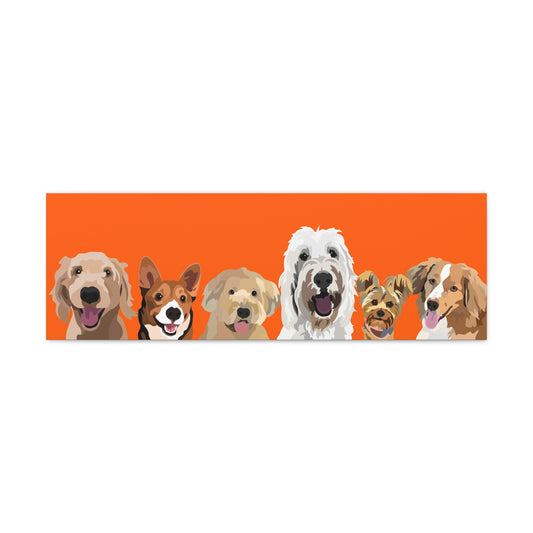 Six Pets Portrait on Canvas - 12"x36" Horizontal | Orange Background | Custom Hand-Drawn Pet Portrait in Cartoon-Realism Style