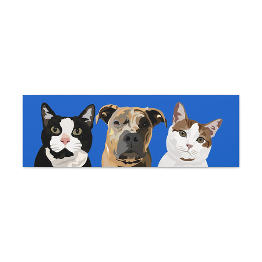 Three Pets Portrait on Canvas - 12"x36" Horizontal | Royal Blue Background | Custom Hand-Drawn Pet Portrait in Cartoon-Realism Style