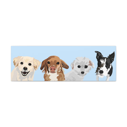 Four Pets Portrait on Canvas - 12"x36" Horizontal | Light Blue Background | Custom Hand-Drawn Pet Portrait in Cartoon-Realism Style