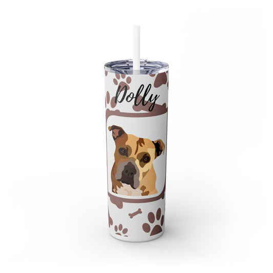 One Pet | Brown and White Bones and Paw Prints | Skinny Tumbler with Straw, 20oz with Personalized Name