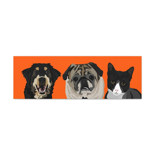 Three Pets Portrait on Canvas - 12"x36" Horizontal | Orange Background | Custom Hand-Drawn Pet Portrait in Cartoon-Realism Style