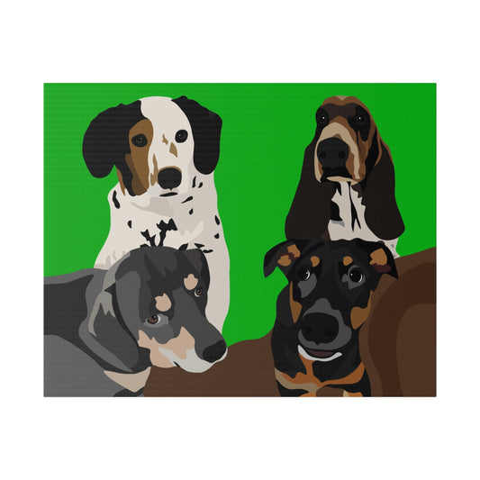 Four Pet Portrait on Canvas - Stacked Design | Green Background | Custom Hand-Drawn Pet Portrait in Cartoon-Realism Style