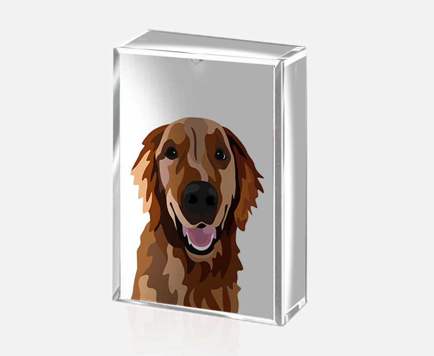 One Pet Portrait on Crystal Photo Block - White Background | Custom Hand-Drawn Pet Portrait in Cartoon-Realism Style